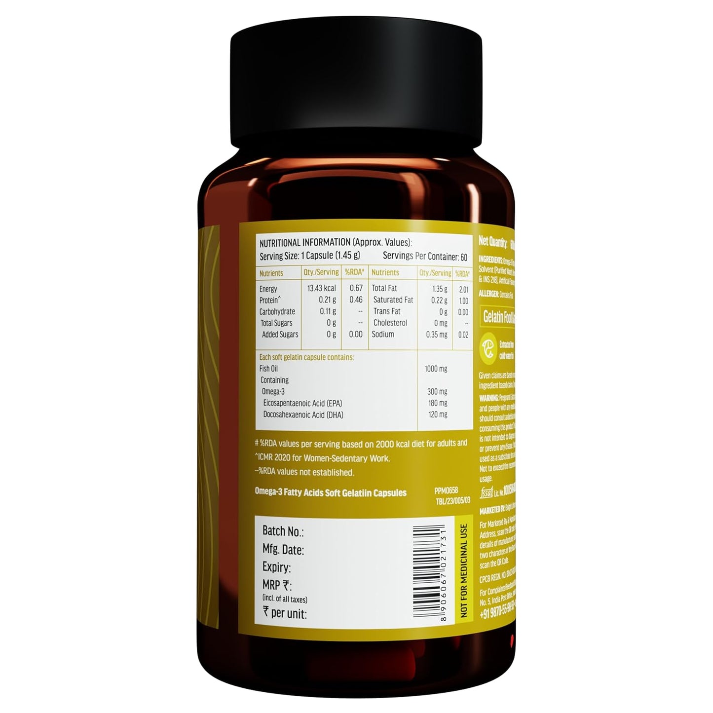 HealthKart hk vitals Omega 3 (60 Fish Oil Capsules) | 1000mg Omega 3 with 180mg EPA & 120mg DHA | For Brain, Heart, Eyes, and Joints Health