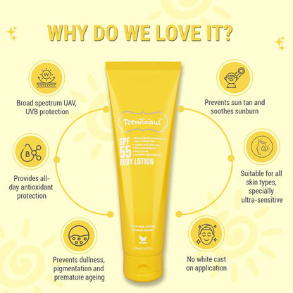 Teenilicious SPF 55 Sunscreen Body Lotion, SPF 50 PA+++, Sunscreen for Oily Skin and Sensitive Skin - 150ml