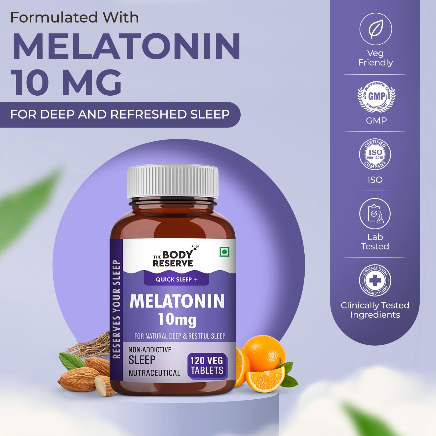 Melatonin supplement bottle with branding and product details on a light purple background