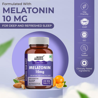 Melatonin supplement bottle with branding and product details on a light purple background