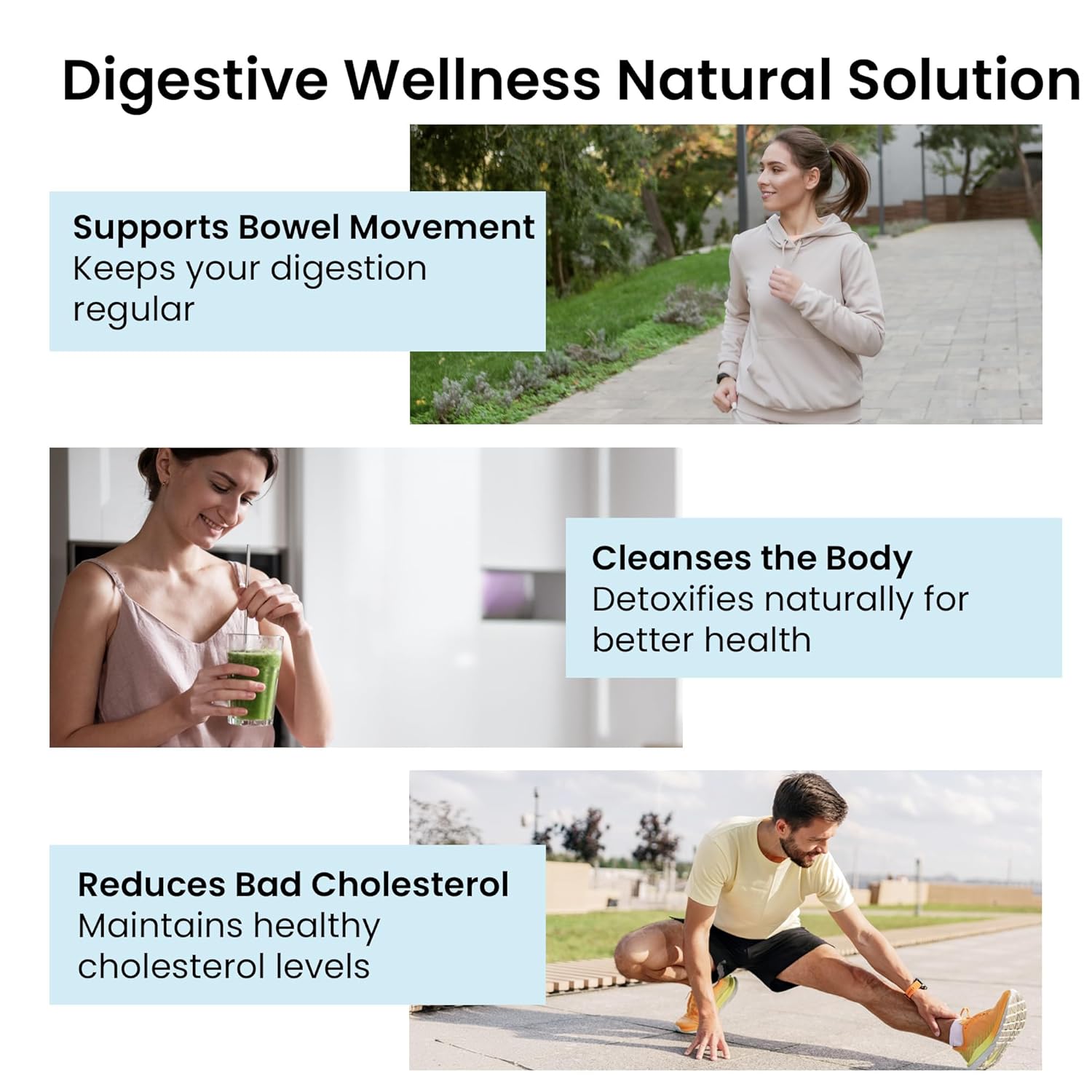 Promotional graphic for digestive wellness natural solution with lifestyle images and text benefits.