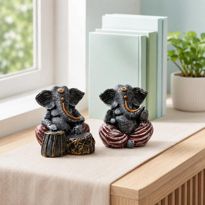 Beautiful Resin Ganesha Pair for Home Decor | Brings Prosperity - (Grey & Red, Pack of 2)
