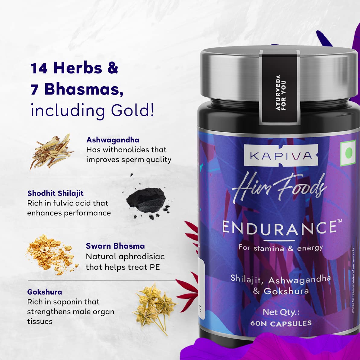 Kapiva Endurance Capsules - Research-backed blend of 14 Herbs & 7 Bhasmas like Ashwagandha, Shilajit & Gokshura to unlock peak performance