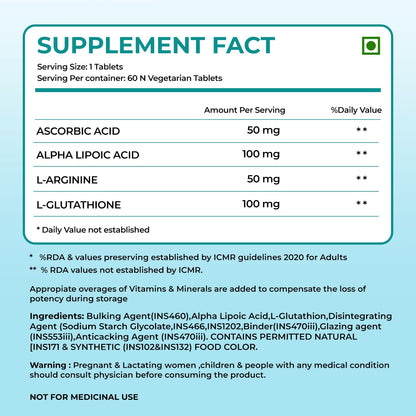 Herbal Max L-Glutathione Tablets for Skin Whitening 60 Tablets | With Vitamin C & Antioxidants | Supports Glowing, Hydrated & Youthful Skin | Unisex Supplement