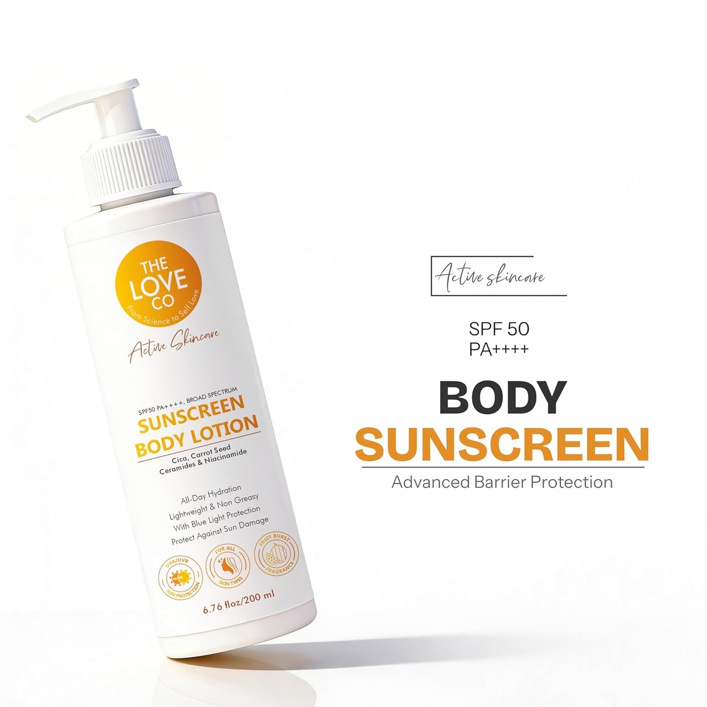 Sunscreen body lotion bottle with pump on a white background