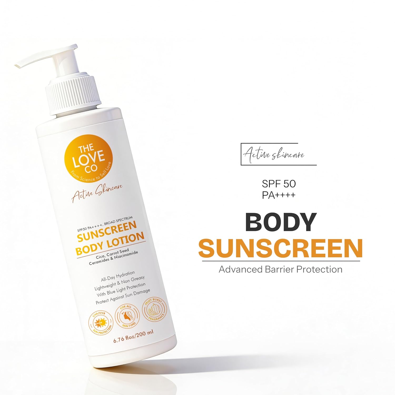 Sunscreen body lotion bottle with pump on a white background