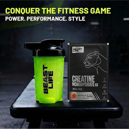 Beastlife Pure Super Micronised Creatine & Shaker Pack | 50 g | 13 Servings | Watermelon | NABL Lab Tested | Rapid Absorption for Muscle Strength & Athletic Performance | Super Micronised Creatine Powder