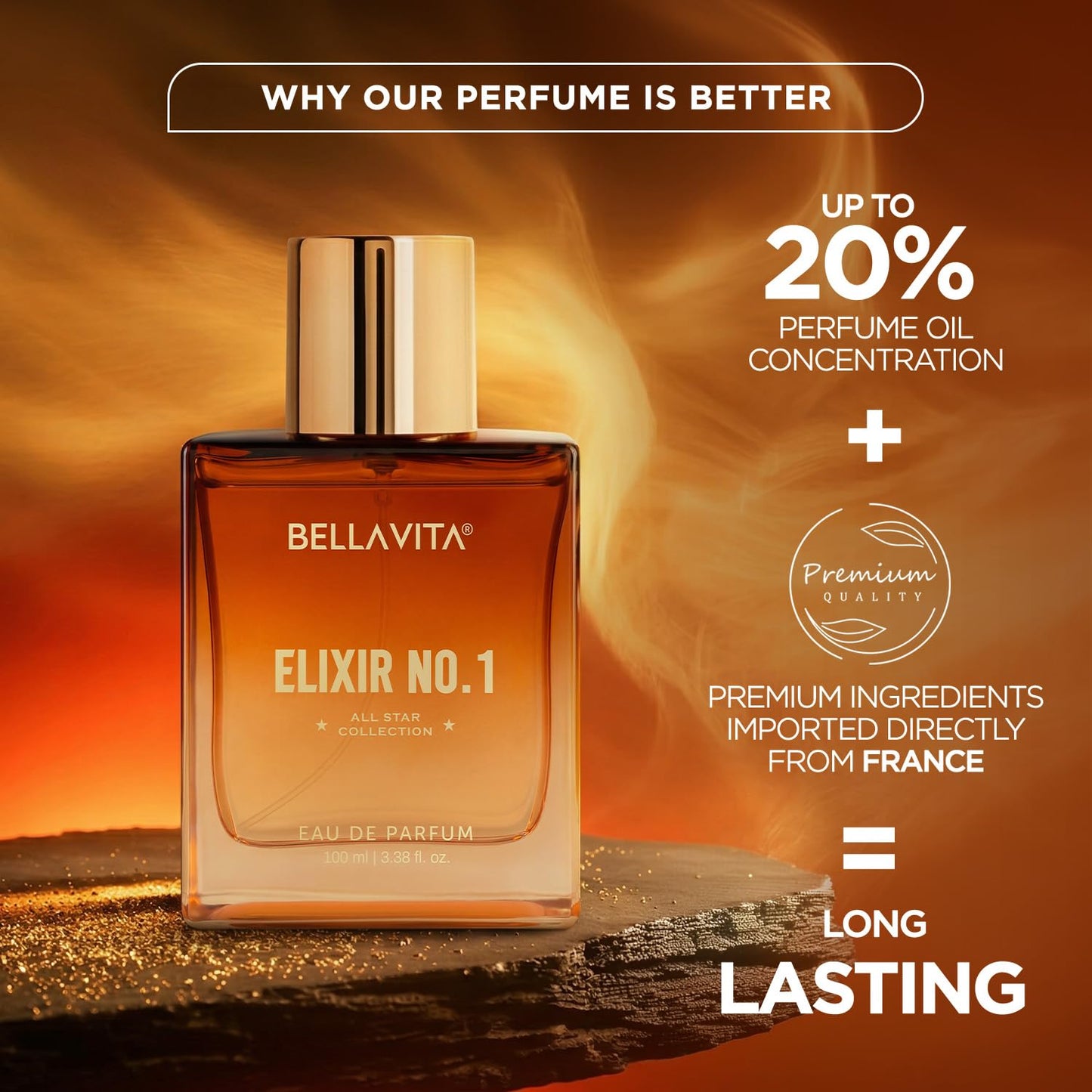 Bellavita Elixir No. 1 perfume bottle with promotional text on a warm background