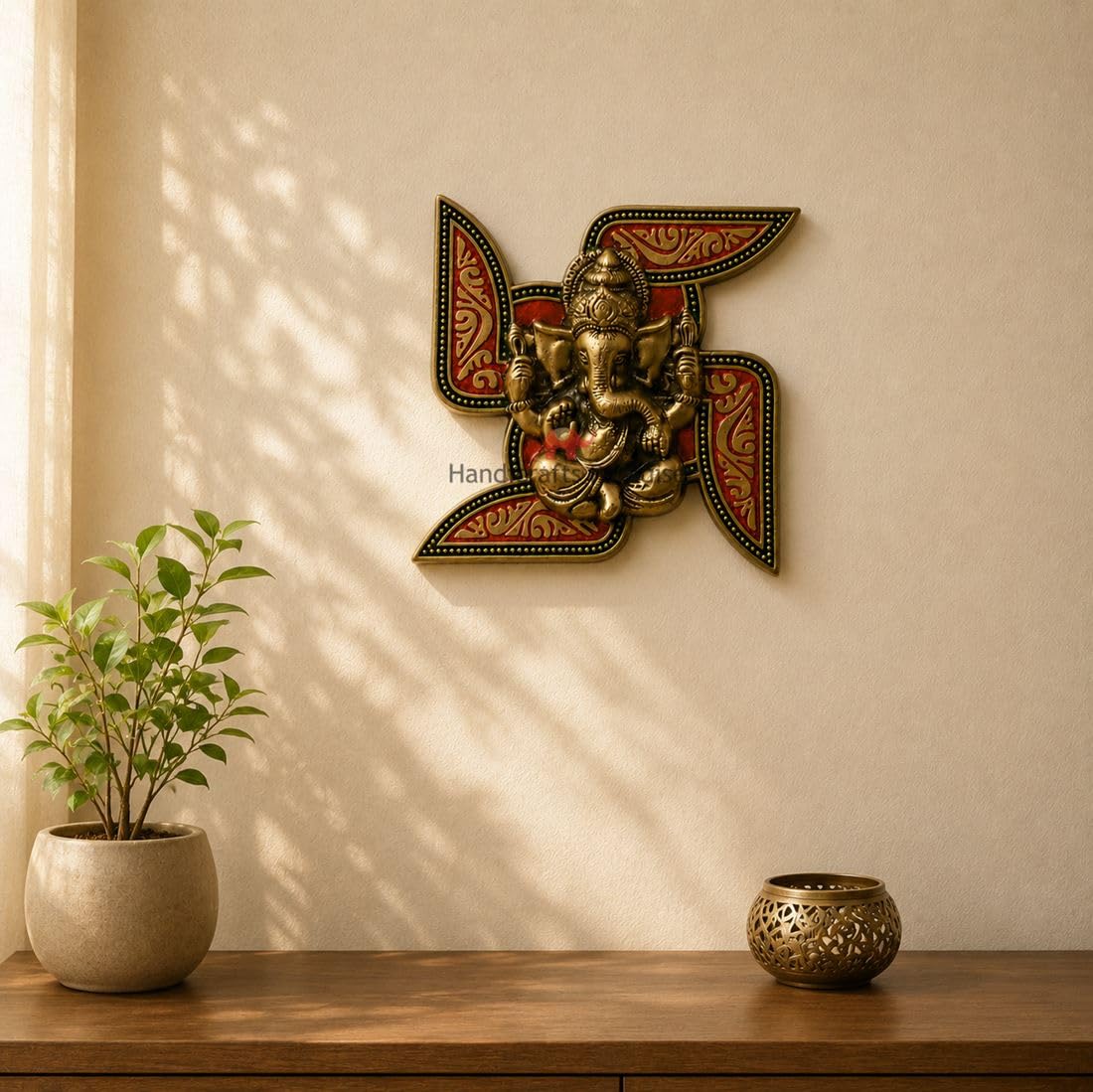 Handcrafted Metal Swastik Wall Hanging with Lord Ganesha, Decorative Meenakari Finish Auspicious Swastik for Home Entrance, Temple & Office Décor 7.2 x 7.2 Inch