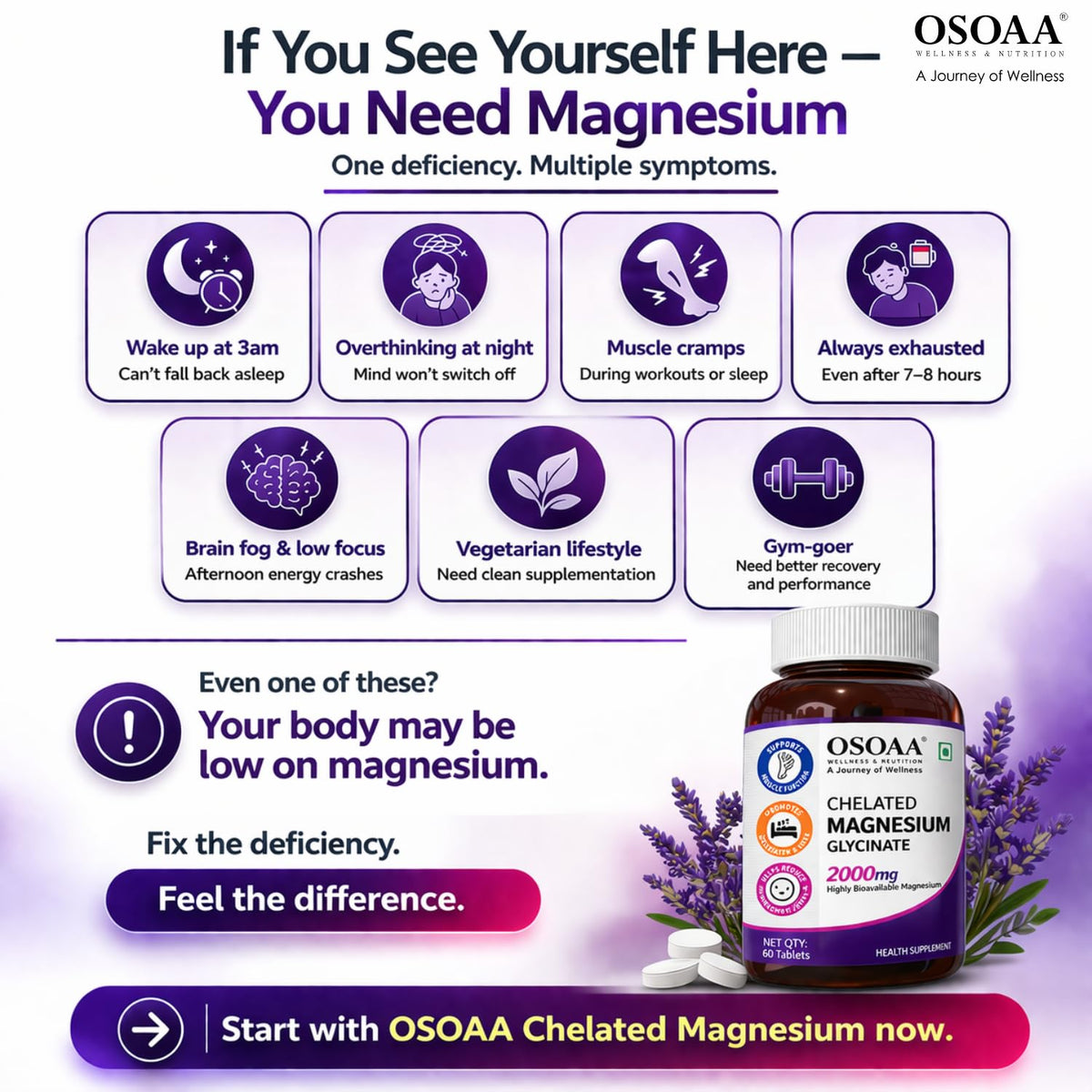 OSOAA magnesium supplement advertisement with symptoms of magnesium deficiency and a bottle of OSOAA magnesium supplement.