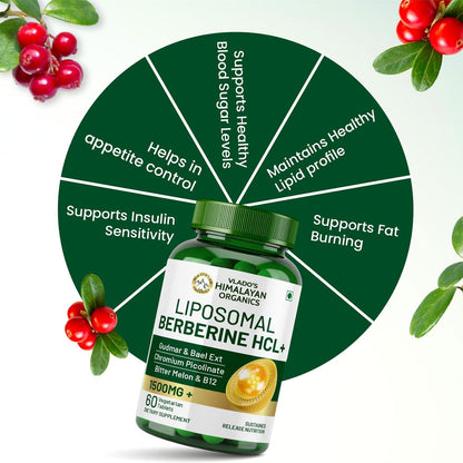 Vlado's Himalayan Organics Liposomal Berberine HCL+ 1500mg+ with Piperine, Chromium , Bitter Melon, Bael, Gudmar & Vitamin B12 |For Metabolism, Hormonal Balance, Healthy Blood Sugar & Cholesterol Levels | 60 Veg Tablets