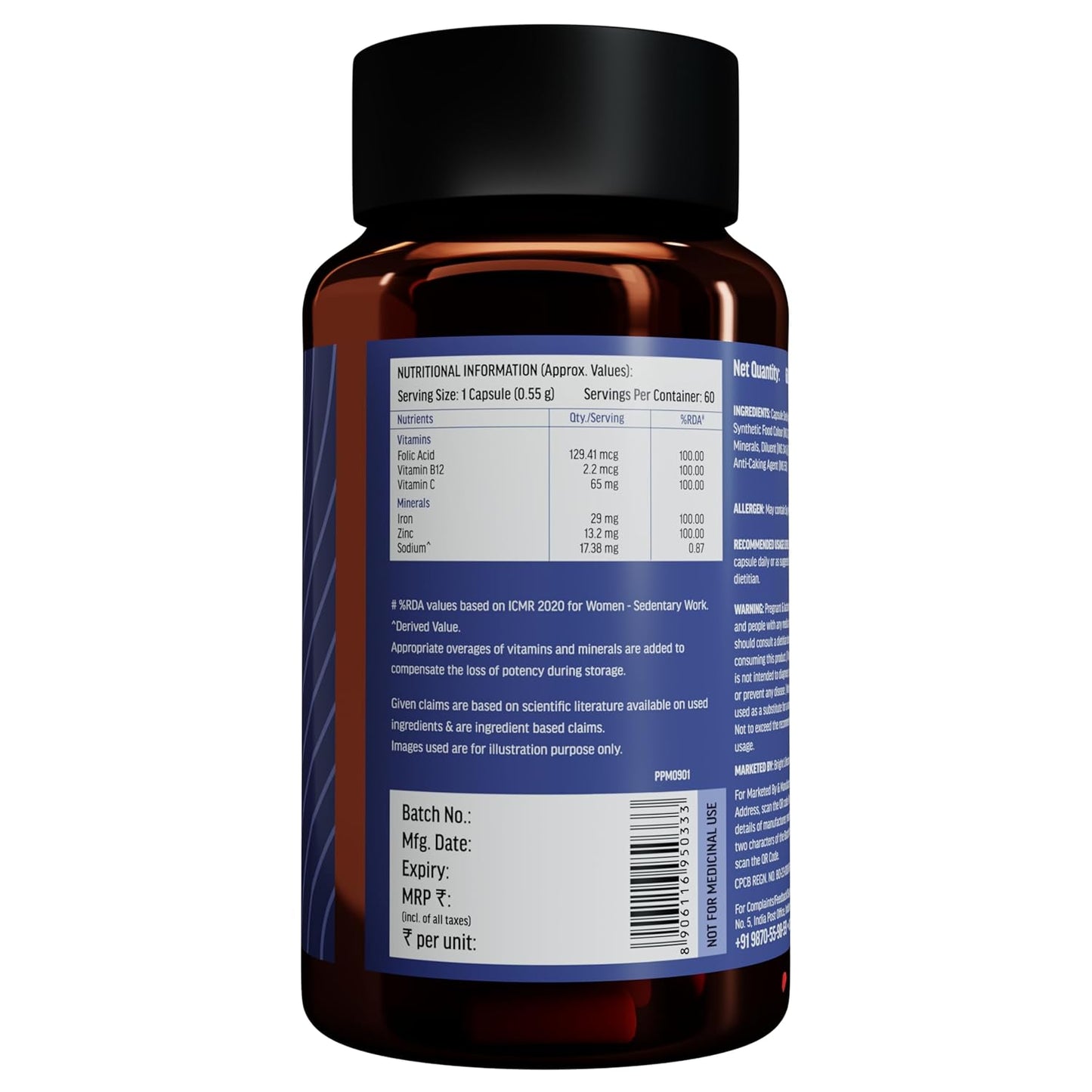 HealthKart hk vitals Iron + Folic Acid Supplement (60 Capsules) | With Zinc, Vitamin C & Vitamin B12, Supports Blood Building | Immunity and Energy