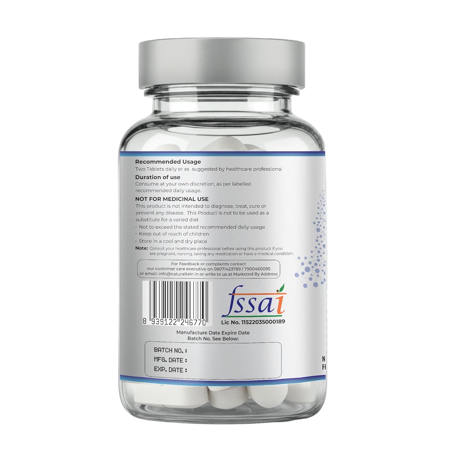 Clear supplement bottle with label on a white background