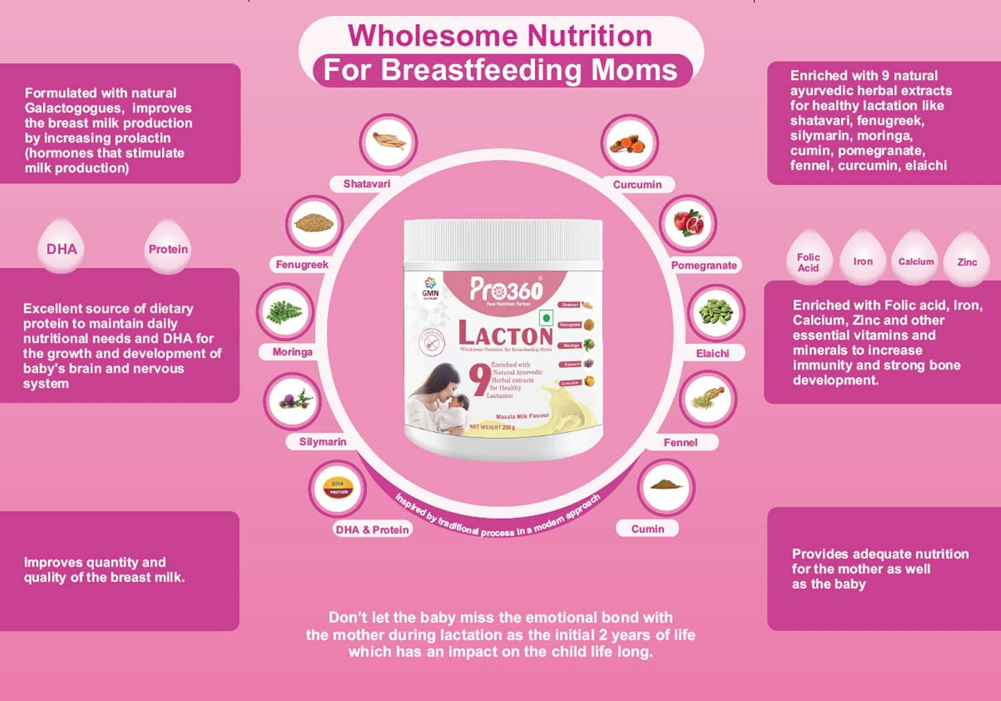 Pro360 Lacton for Breastfeeding and Lactating Mothers Milk Supplement Powder - Lactation Support Booster with Herbal Extracts - Helps to Increase Breast Milk - Masala Milk Flavor, 400g (Pack of 1)