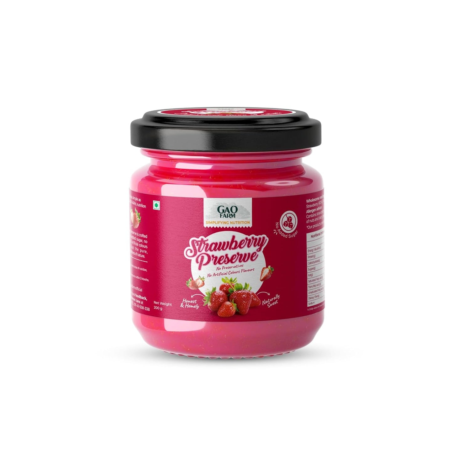 GAO FARM Natural Strawberry Jam & Preserve 200g | No Added Sugar, Vegan & Gluten Free | 100% Real Strawberries & Apple Juice | No Preservatives | Toast, Breakfast & Baking Spread