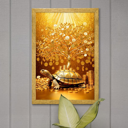 Money Tree Painting For Vastu, Golden Money Tree Frame For Wall, 12.0 x 18.0 inch, Multicolorm, Set of 1