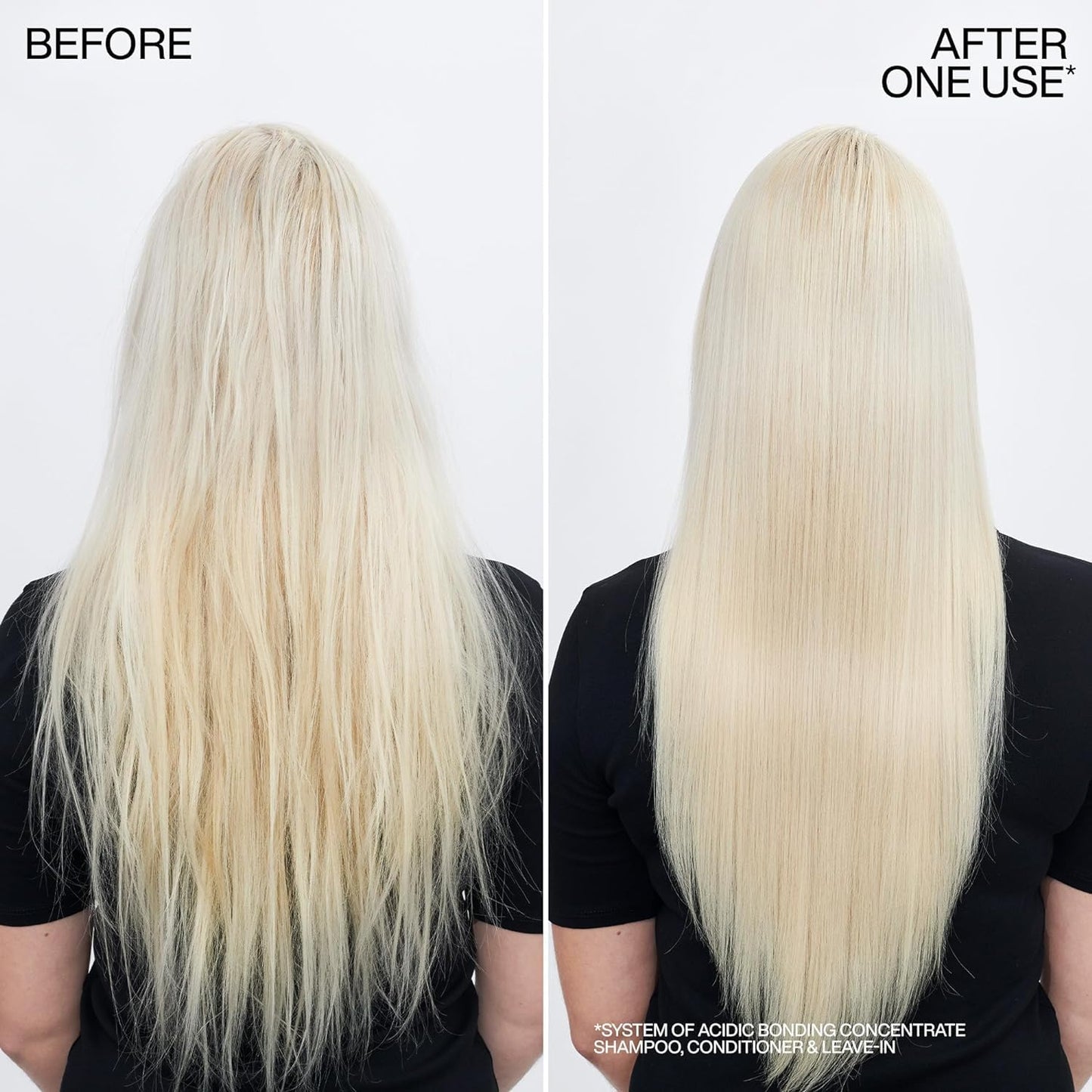 Before and after comparison of hair treatment showing straightened blonde hair.