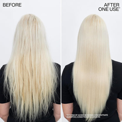 Before and after comparison of hair treatment showing straightened blonde hair.
