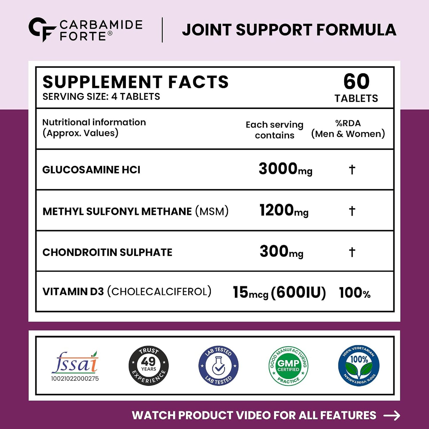 Carbamide Forte Glucosamine Tablets For Joint Support Supplement with Vitamin D3 & Glucosamine Chondroitin MSM | Joint Cartilage Support & Muscle Health | Joint Support Tablets - 60