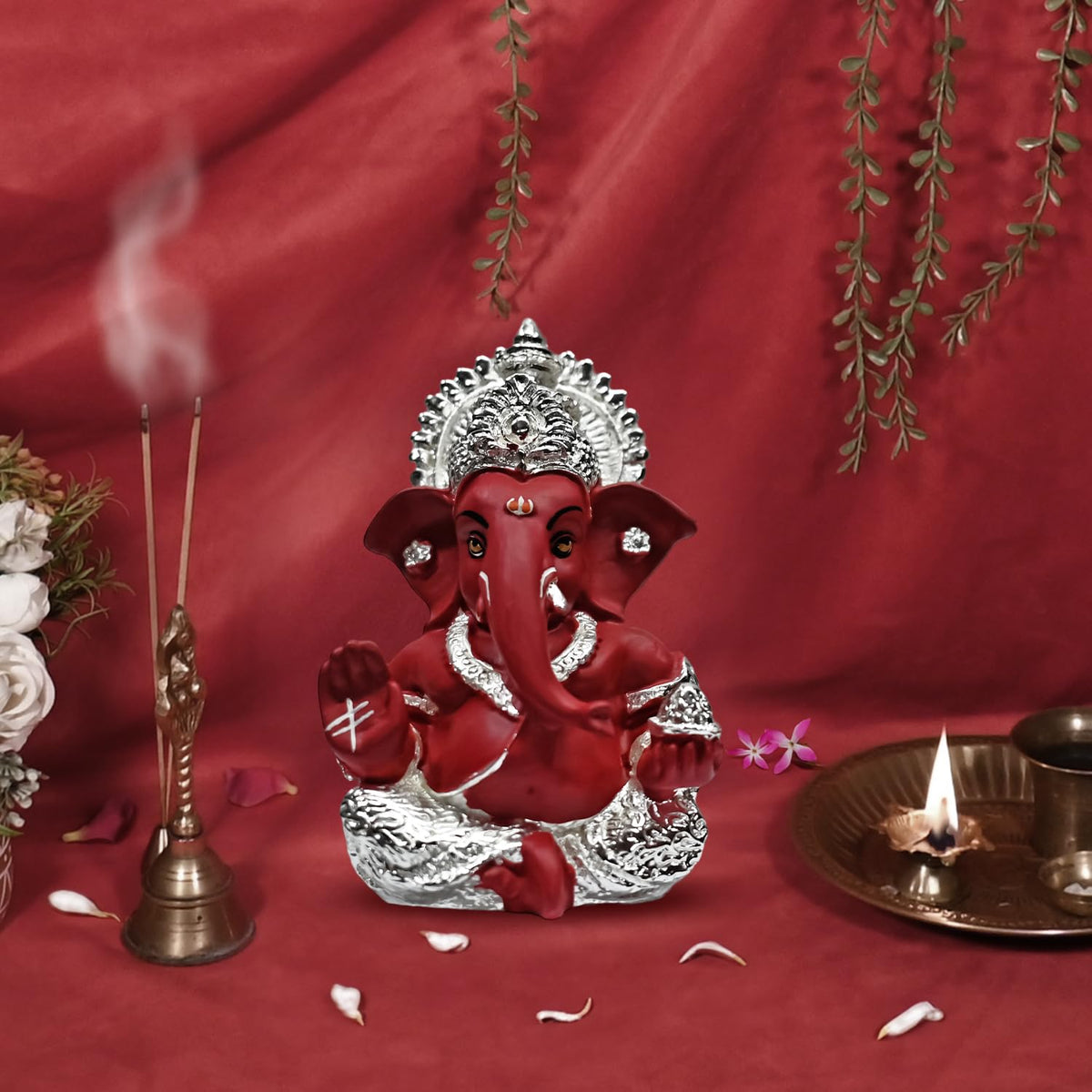 999 Silver Plated Ganesh Idol for Office Desk Puja Room God Ganesha Idol for Home Decor Ganpati for Gift 3.5 inches (8.89 x 5.08 cm) (Mukut Silver red), Religious