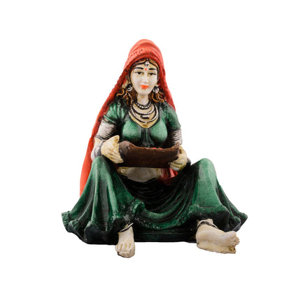 Rajasthani Lady Showpiece Polyresin Statue (12.5 cm x 10 cm x 15 cm, Green and Orange)