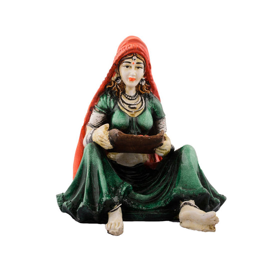 Rajasthani Lady Showpiece Polyresin Statue (12.5 cm x 10 cm x 15 cm, Green and Orange)