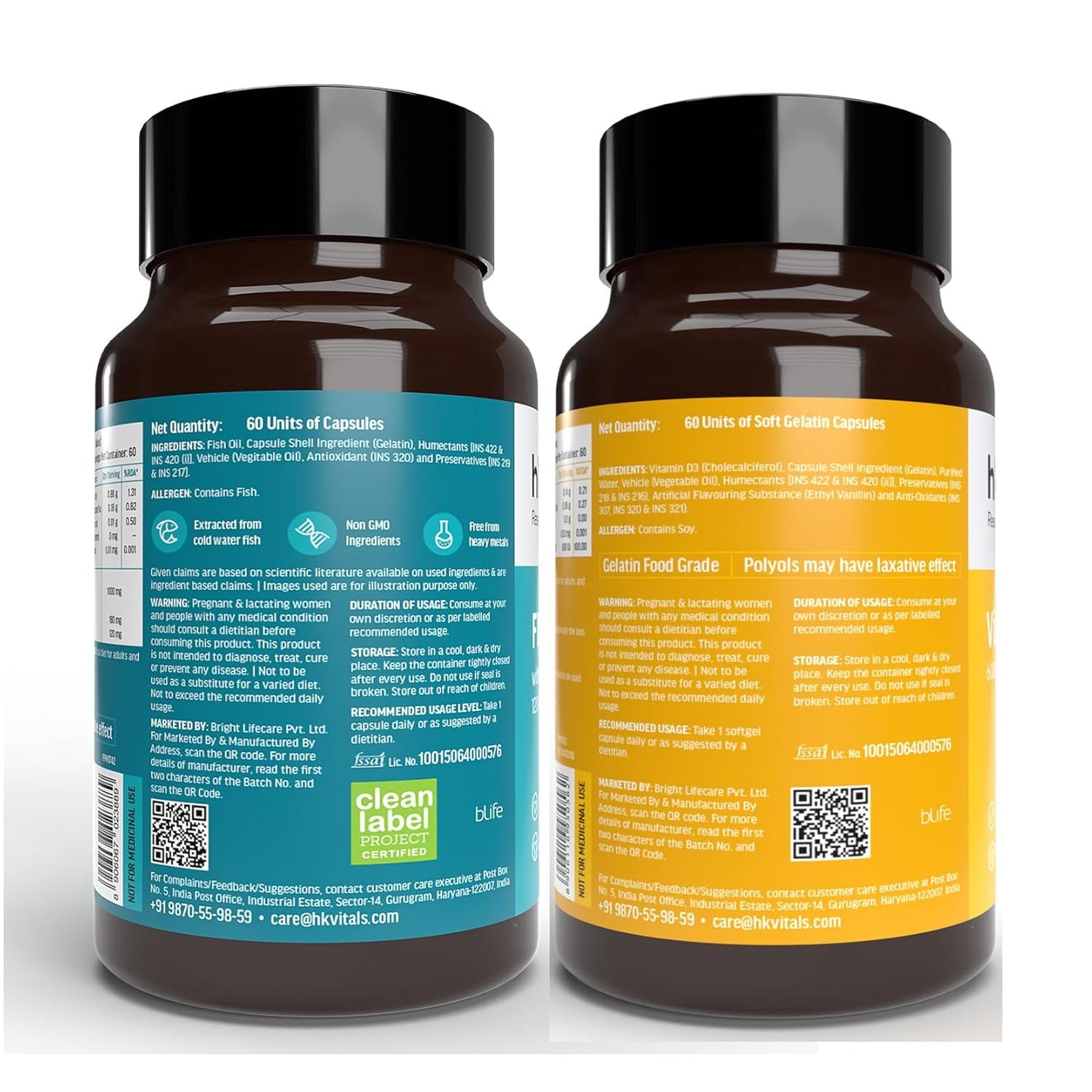 HealthKart hk vitals Vitamin D3 (600 IU) & Fish Oil (1000mg Omega 3 with 180mg EPA & 120mg DHA) (60 Tablets Each) | Combo Pack
