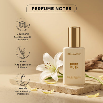 BELLAVITA Pure Musk | Long Lasting EDP | 20ml | Perfume for Man | with Lily of the Valley, Sandalwood and Tonka | Premium, Woody, Musly, Floral Unisex Fragrance for Man and Woman