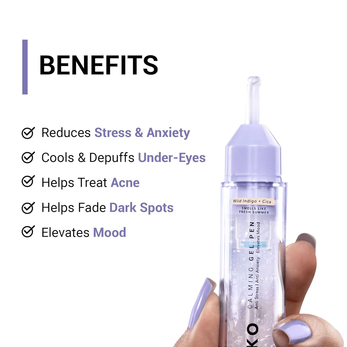 Calming gel pen with benefits listed on a white background