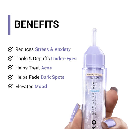 Calming gel pen with benefits listed on a white background