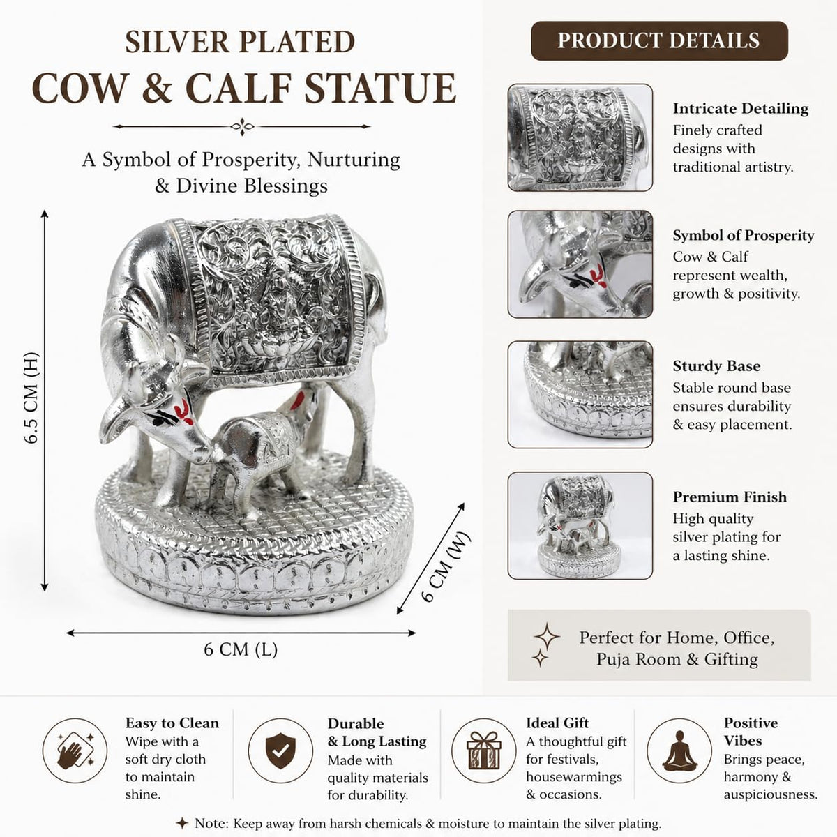 999 Pure Silver-Plated Kamdhenu Cow with Calf Idol Statue 2.5 Inch Vastu Decor, Gift for Ganpati Festival Home Decoration Items, House Warming Gifts, Anniversary Wedding Gifts for Women