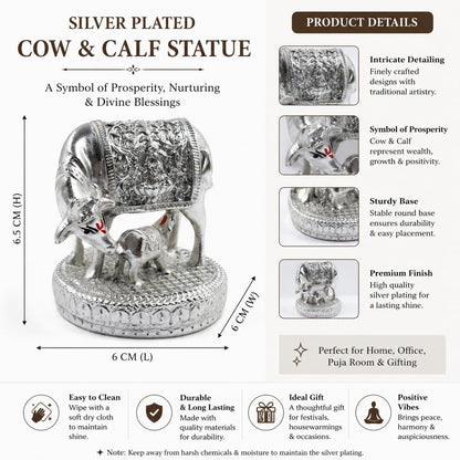 999 Pure Silver-Plated Kamdhenu Cow with Calf Idol Statue 2.5 Inch Vastu Decor, Gift for Ganpati Festival Home Decoration Items, House Warming Gifts, Anniversary Wedding Gifts for Women