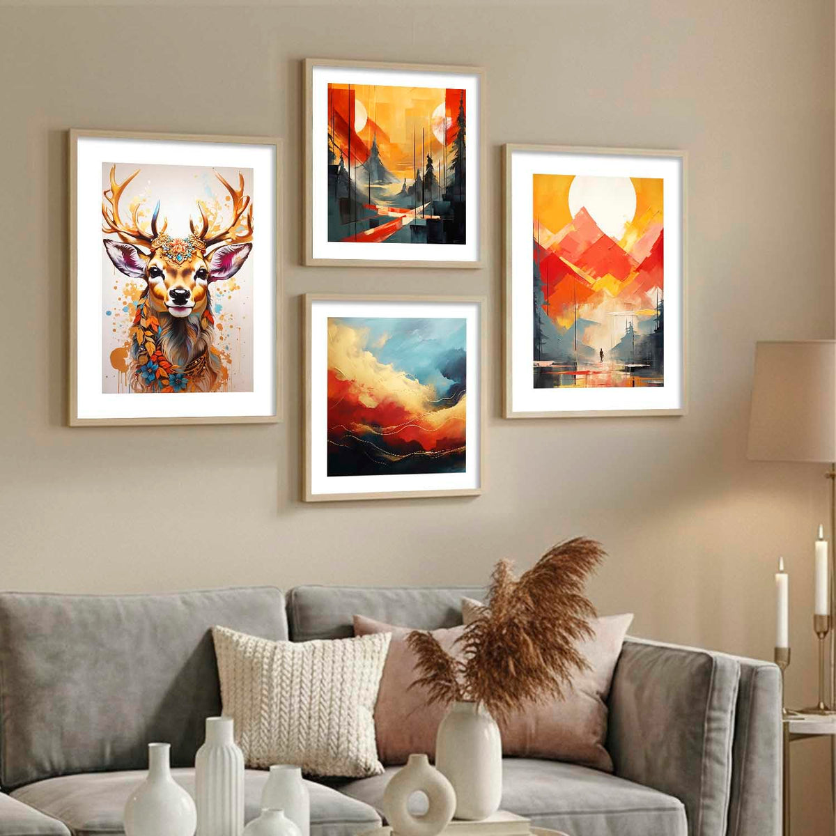 Premium Digital Paintings with Frame for Home Decoration - Painting for Living Room Bedroom Office - Painting for Wall Decoration - Pack of 4 (J)