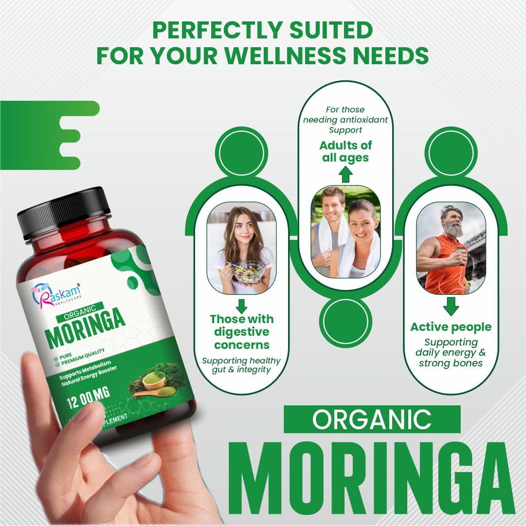 Organic Moringa supplement bottle with usage information on a white background