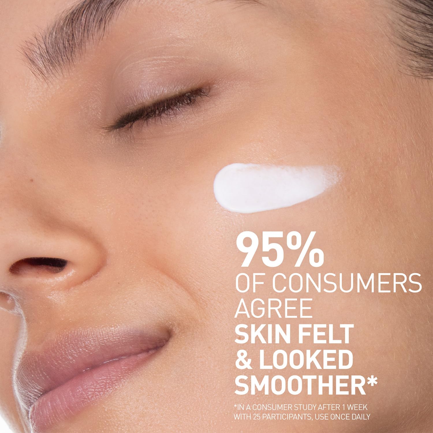 Close-up of a person's face with a skincare product applied, featuring text about consumer feedback.