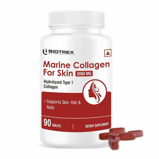 Biotrex Nutraceuticals Marine Collagen 3000mg Peptides With Biotin, Hyaluronic Acid, Vitamin C & E, Type 1 Marine Collagen, Healthy Hair, Skin, Nails, For Men & Women - 90 Tablets