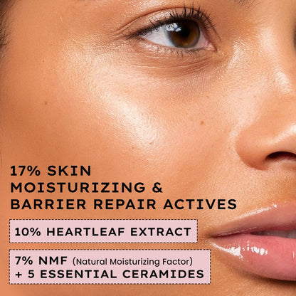 Close-up of a person's face with text highlighting skin moisturizing and barrier repair ingredients.