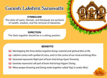 100% Pure Brass Laxmi Ganesh Saraswati Murti (Size: 8.0 cm) | Lord Ganpati Lakshmi Saraswati Maa Idol for Diwali Puja | God Idols for Pooja Room or Griha Pravesh Ceremony
