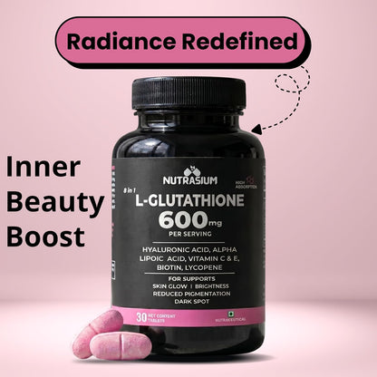 Nutrasium L-Glutathione 600 mg with Hyaluronic Acid & Biotin | For Skin Glow, Hydration, Even Skin tone & Skin Radiance | Reduce Pigmentation & Dark Spot | 60 Tablets