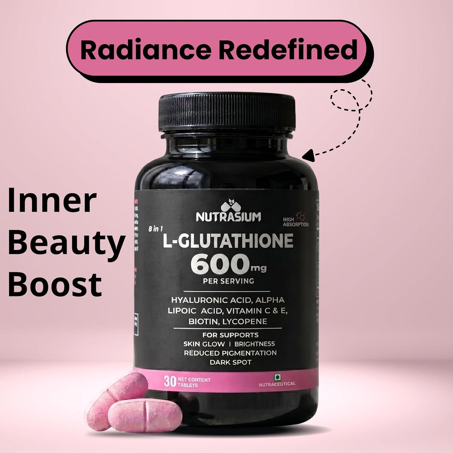 Nutrasium | Glutathione tablets for skin Glow | L-Glutathione 600 mg with Hyaluronic Acid & Biotin | For Skin Glow, Brightening, Hydration, Even skin tone & Skin Radiance | Added Vitamin C & E with Lycopene | 30 Tablets