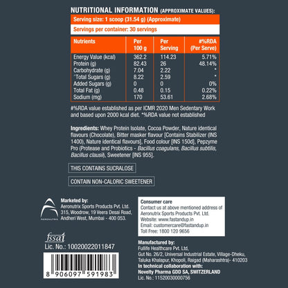 Fast&Up 100% Pure European Whey Protein Isolate, Ultralow Carbs | 30 Servings | 26g Protein per serve | Low Lactose & Gluten Free | Fast Acting, No Bloating - Rich Chocolate Flavour