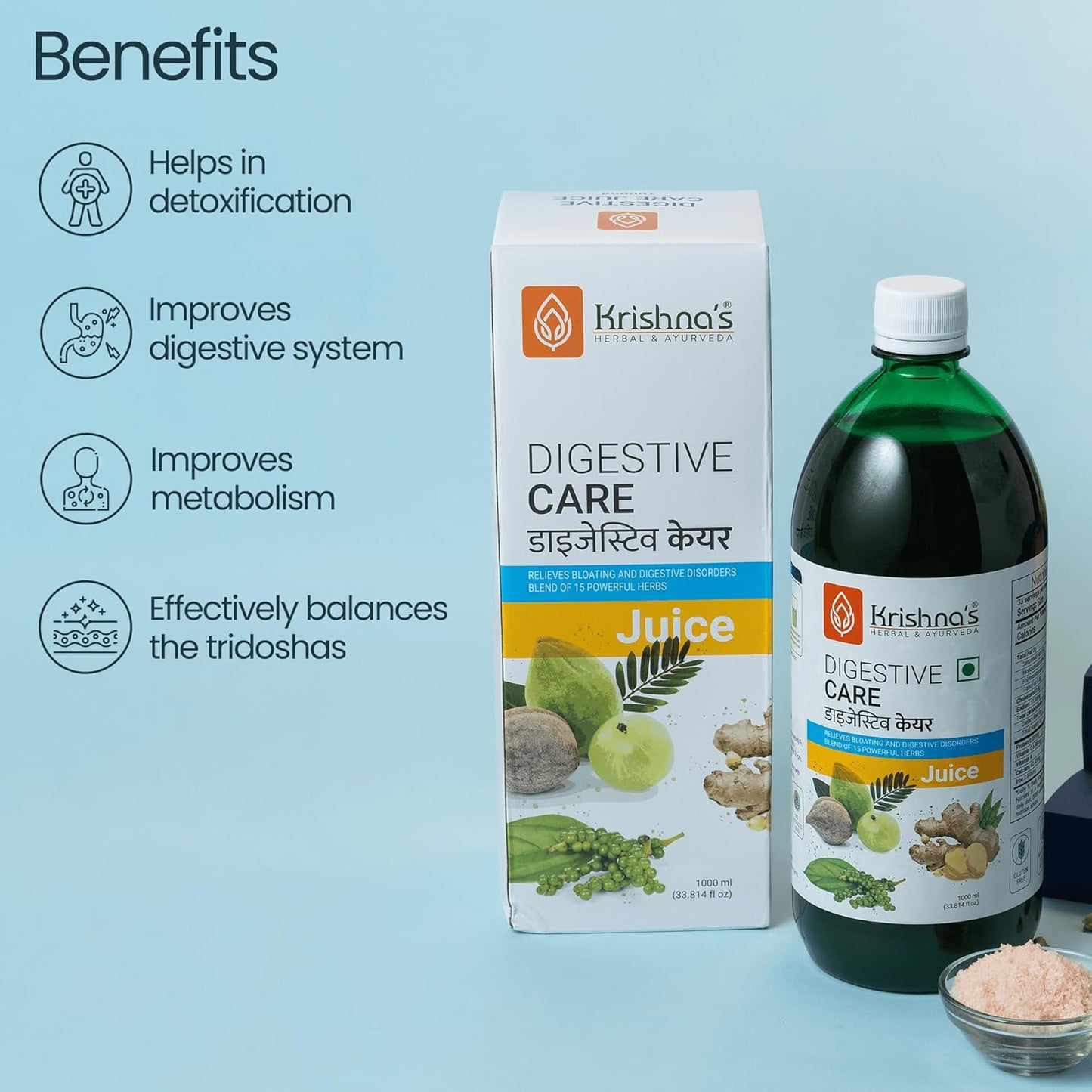 KRISHNA'S HERBAL & AYURVEDA Digestive Care Juice - 1000 ml | Goodness Of Amla, Ginger, Chitrak, Anaardana, Baheda For To Help In Digestion And Metabolism, Pack of 1