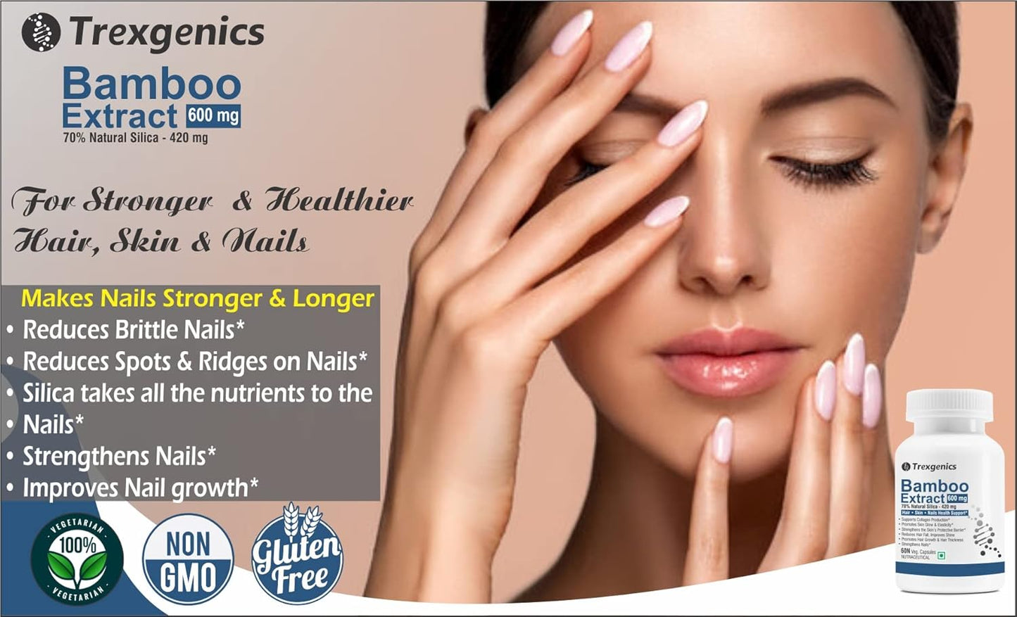 Trexgenics BAMBOO EXTRACT 70% Silica 600 mg Hair,Skin, Nails Support VEGAN & NON-GMO (60 Veg. Capsules) (Pack of 1)