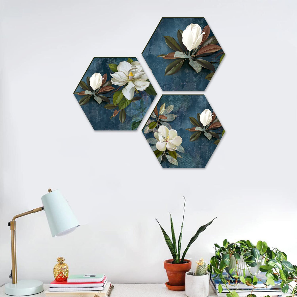 Floral Wall Painting For Living Room Hexagonal Set of 3 (E)