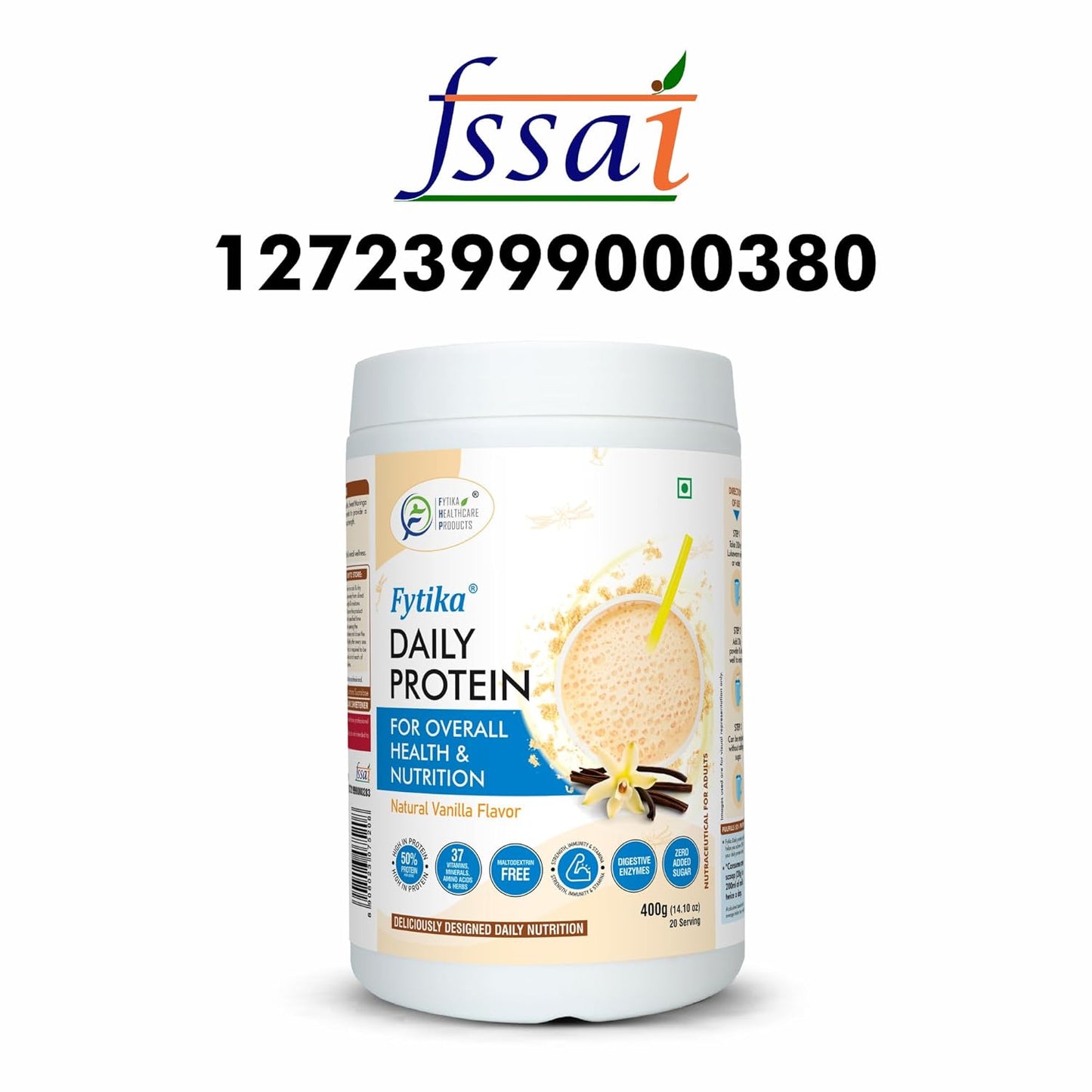 Fytika Daily Protein container with FSSAI logo and contact number on a white background