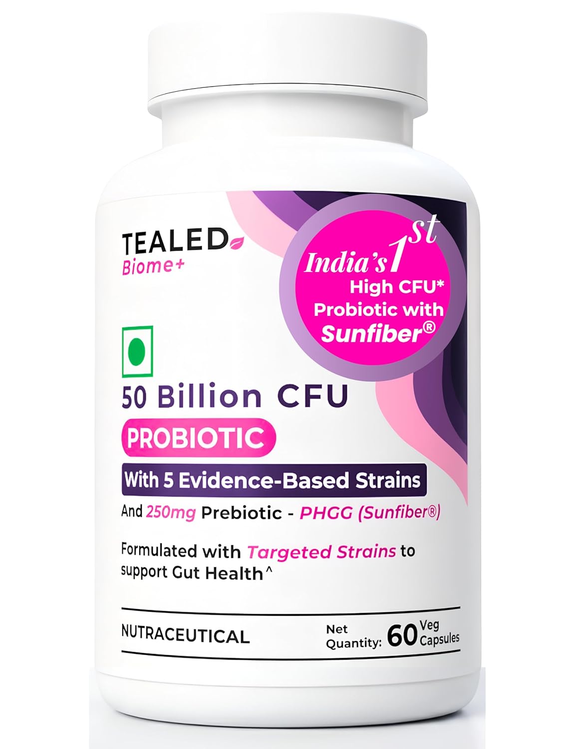 Tealed Probiotic 50 Billion CFU | 5 Targated Strains + Sunfiber® (PHGG) | Japanese Clinical Prebiotic | Supports Constipation, IBS, Immunity, Gut Health & Bloating | For Men & Women | 60 Veg Caps