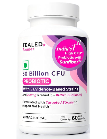 Tealed Probiotic 50 Billion CFU | 5 Targated Strains + Sunfiber® (PHGG) | Japanese Clinical Prebiotic | Supports Constipation, IBS, Immunity, Gut Health & Bloating | For Men & Women | 60 Veg Caps
