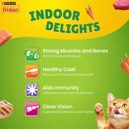 Purina Friskies Indoor Delights, Dry Food for Adult Cats, 1kg Pack | With Salmon, Tuna, Chicken & Vegetables Flavours, Hairball Control, Complete Nutrition, Omega 3 & 6