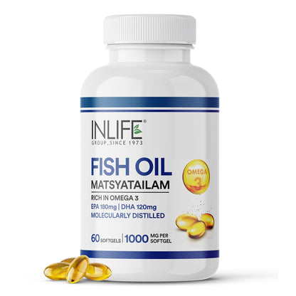 INLIFE Fish Oil Omega 3 Capsule 1000mg | Heart, Brain and Joint Health | Molecularly Distilled Highly Concentrated Supplement - 60 Softgels (60 Softgels)