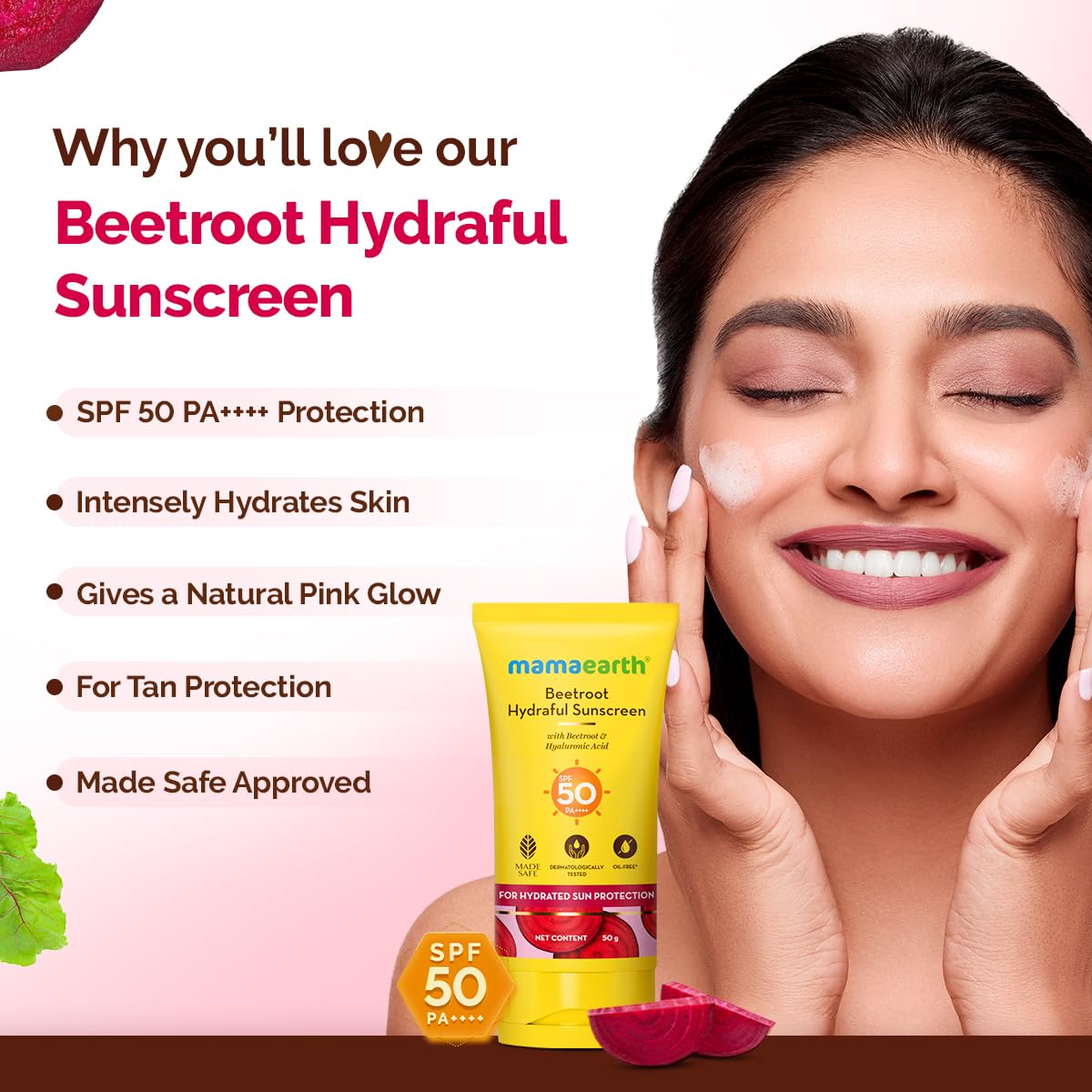 Mamaearth Beetroot Hydraful Sunscreen With Hyaluronic Acid | SPF 50 & PA++++ | UVA & B Protection | Tan Protection | Hydrates Skin | No white cast | For Oily, Combination & Dry Skin | 50 g